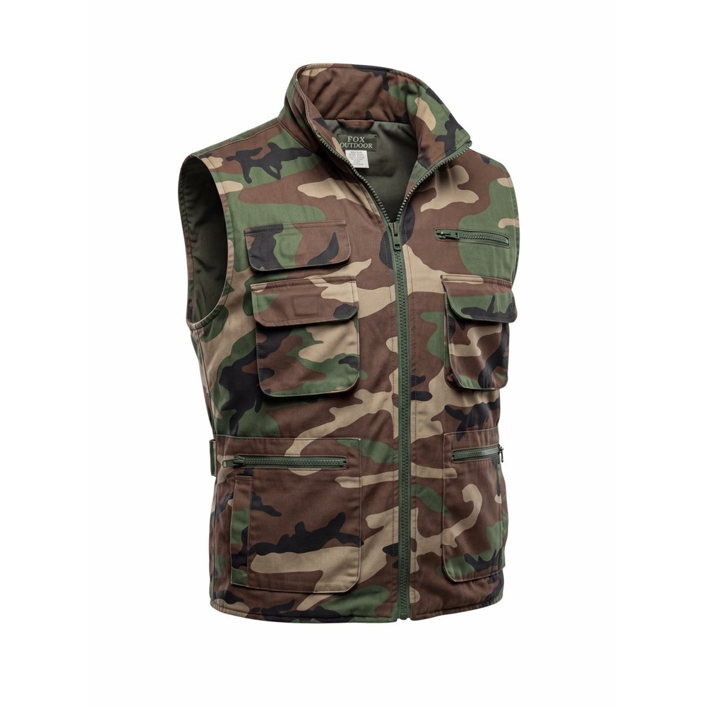 Fox Outdoor Vest Mens sz M Woodland Camo Cotton Stowed Hood Tactical Utility